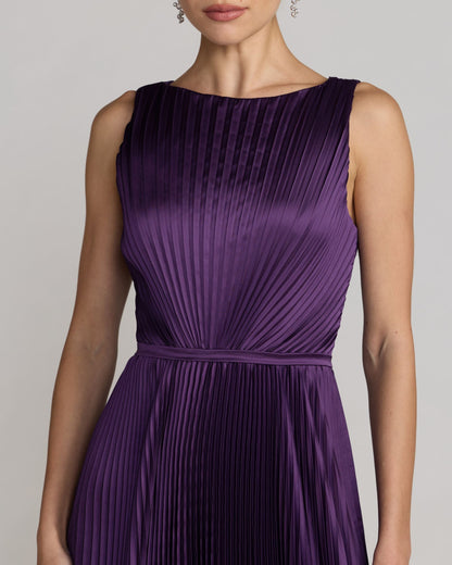 Mac Duggal Purple Sleeveless High Neck Pleated Midi Dress