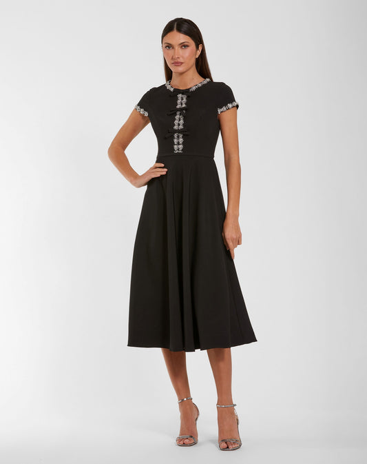 Mac Duggal Black Embellished Crepe Cap Sleeve Midi Dress