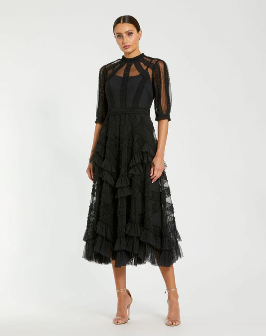 Mac Duggal Petite Black High Neck Ruffle Tiered A-Line Midi Dress