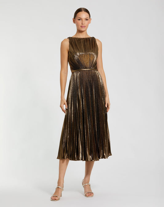 Mac Duggal Gold Metallic Pleated High Neck Midi Dress
