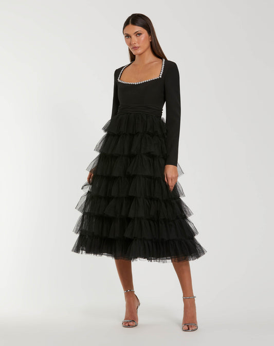 Mac Duggal Black Crystal Trim Tiered Tulle Midi Dress