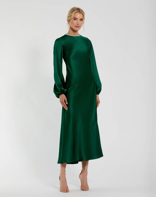 Mac Duggal Petite Emerald Rhinestone Neckline Satin Midi Dress