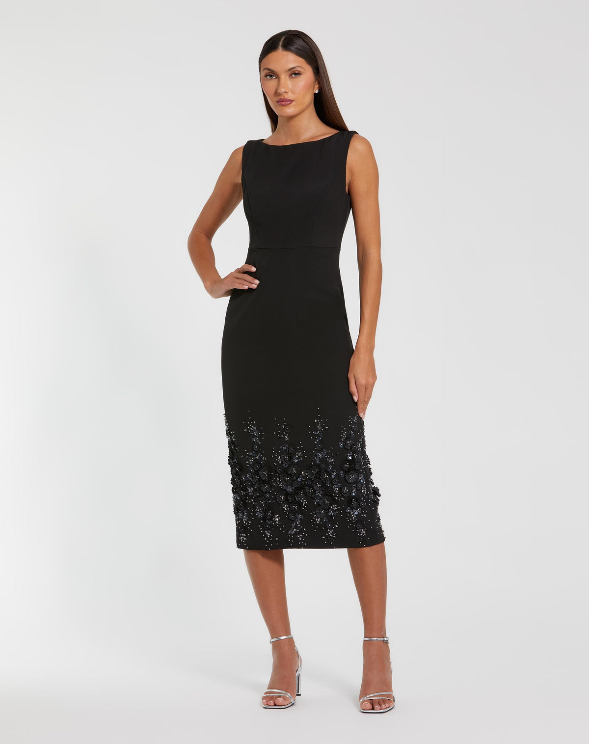 Mac Duggal Black Crepe Sleeveless Midi Dress With Flower Beading