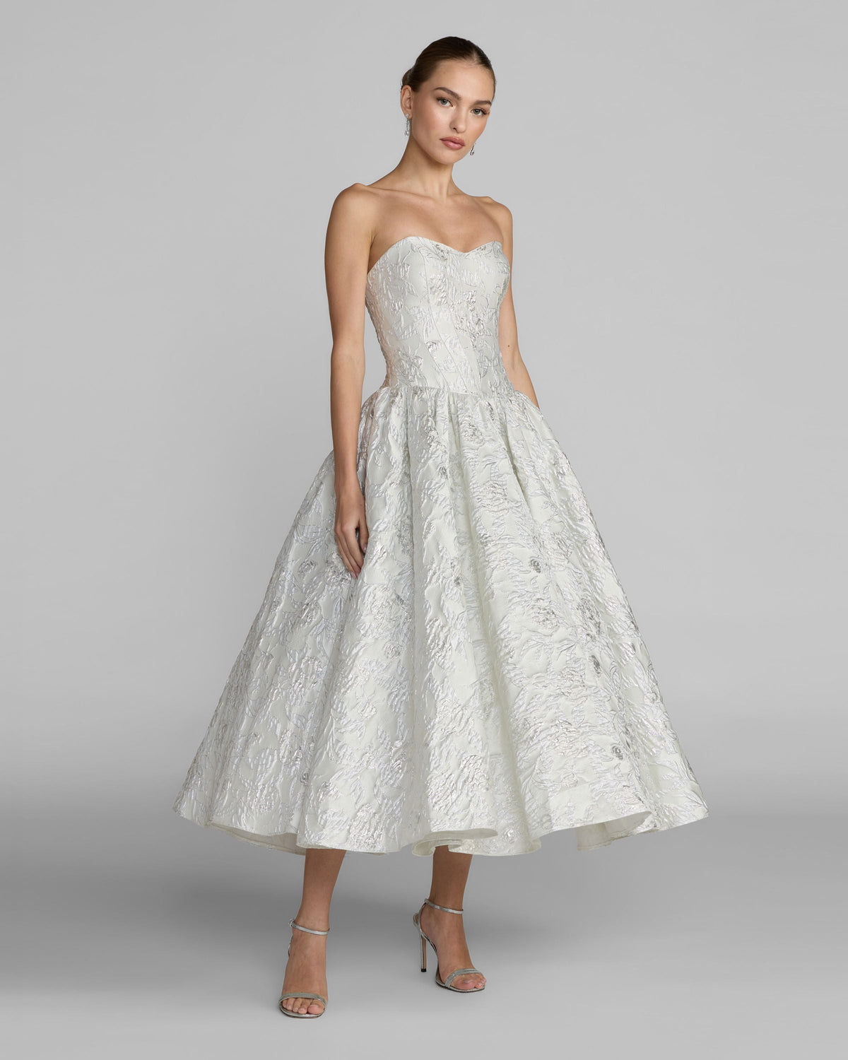 Mac Duggal Ivory Strapless Brocade Tea Length Dress