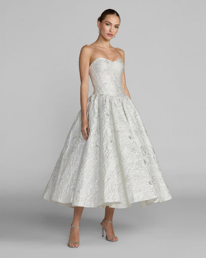 Mac Duggal Ivory Strapless Brocade Tea Length Dress