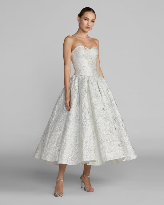 Mac Duggal Ivory Strapless Brocade Tea Length Dress
