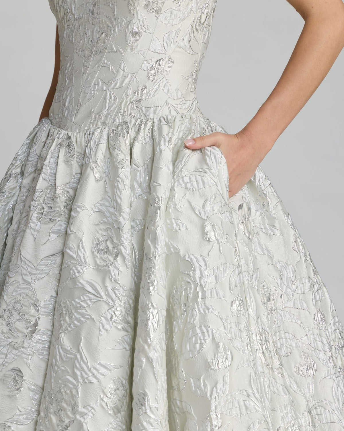 Mac Duggal Ivory Strapless Brocade Tea Length Dress