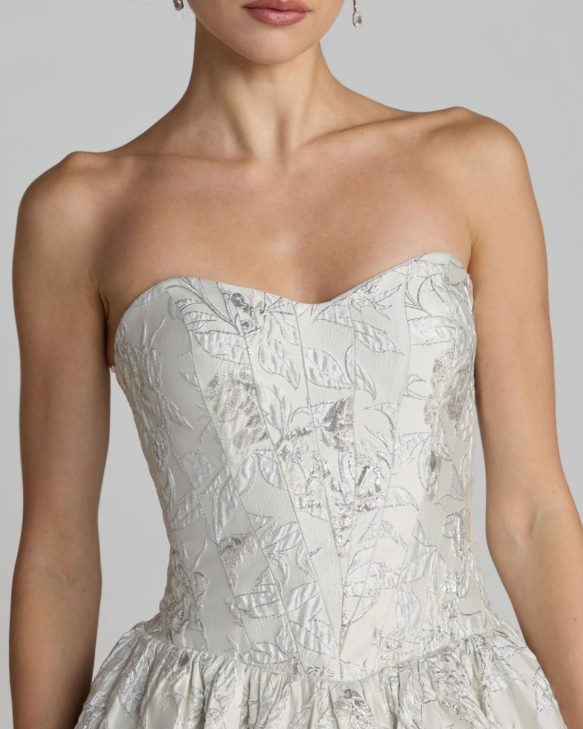 Mac Duggal Ivory Strapless Brocade Tea Length Dress