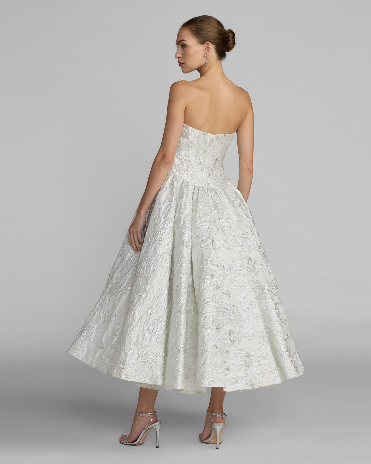 Mac Duggal Ivory Strapless Brocade Tea Length Dress