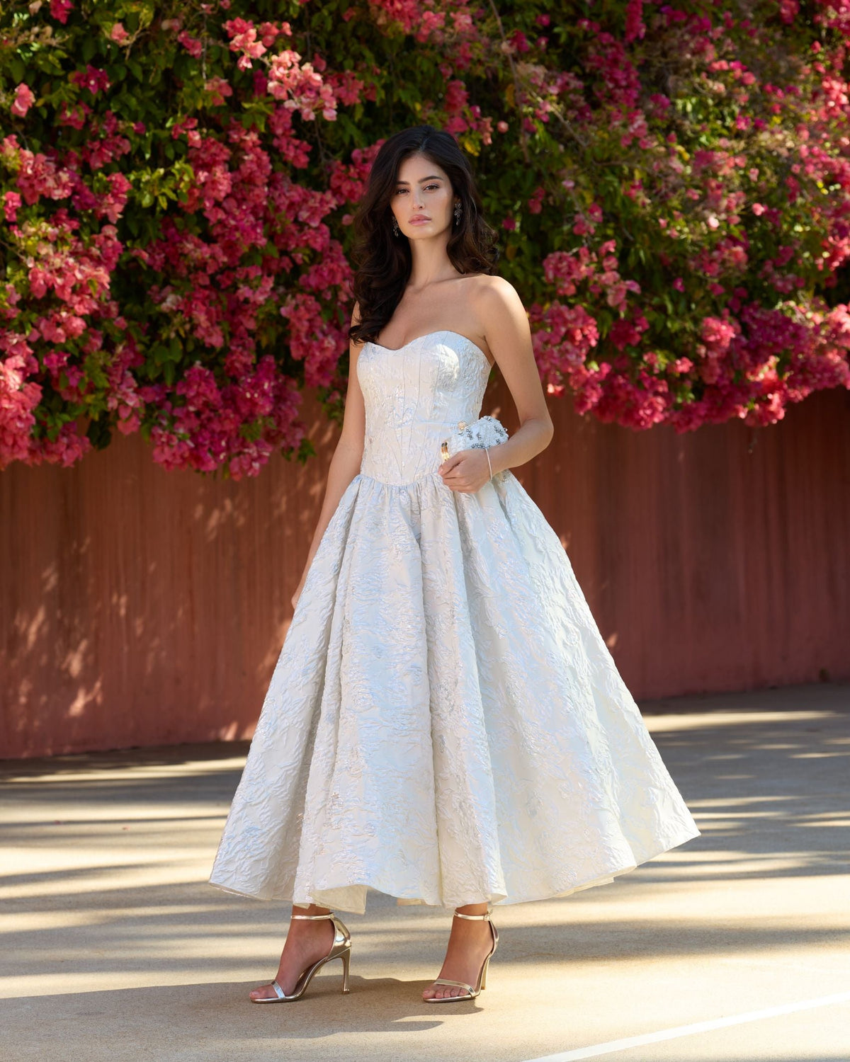 Mac Duggal Ivory Strapless Brocade Tea Length Dress