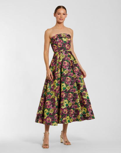 Mac Duggal Multicolor Strapless Brocade A-Line Midi Dress