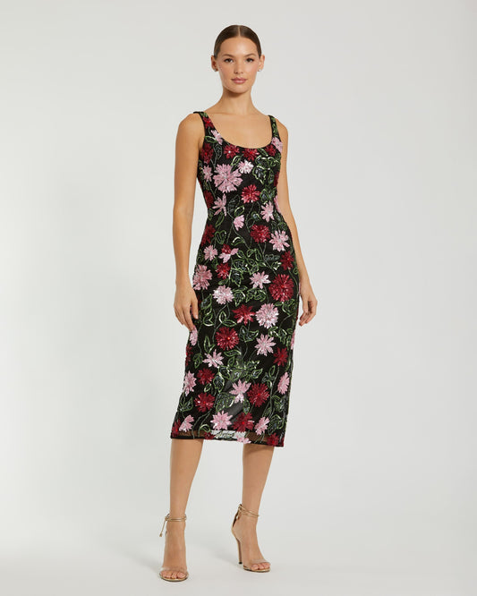 Mac Duggal Black Floral Beaded Scoop Neck Midi Dress
