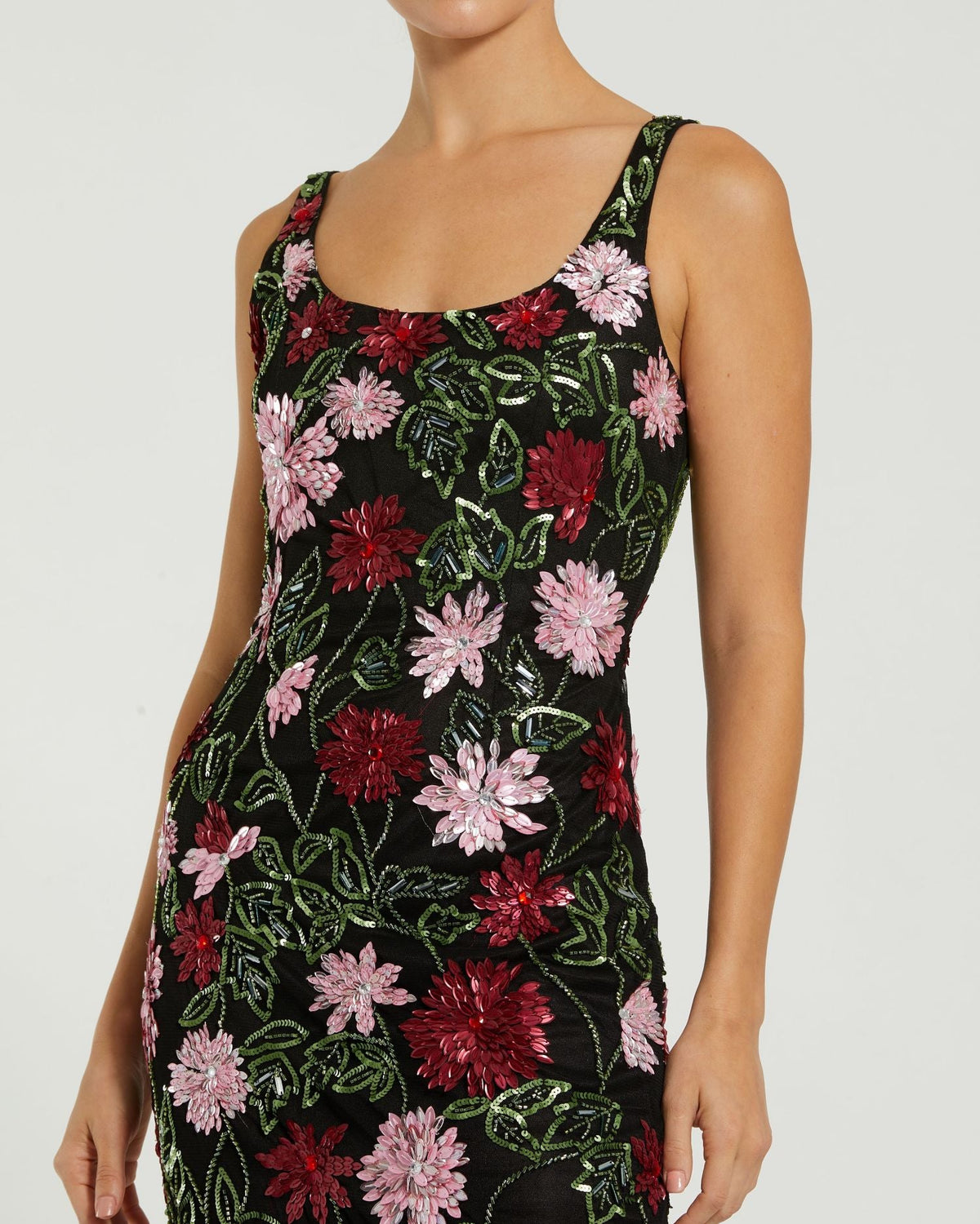 Mac Duggal Black Floral Beaded Scoop Neck Midi Dress
