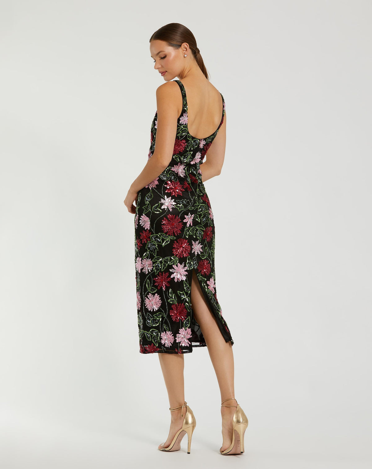 Mac Duggal Black Floral Beaded Scoop Neck Midi Dress