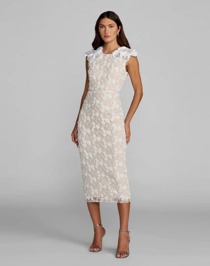 Mac Duggal White Lace Midi Dress With 3D Floral Appliqués