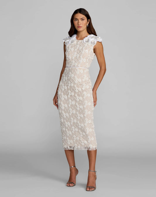 Mac Duggal White Lace Midi Dress With 3D Floral Appliqués