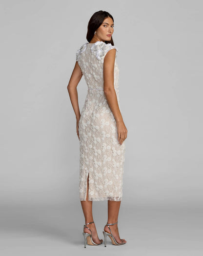 Mac Duggal White Lace Midi Dress With 3D Floral Appliqués