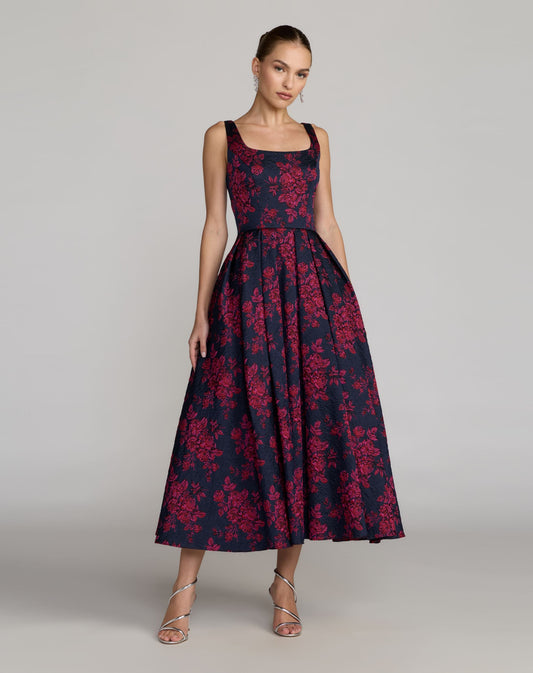Mac Duggal Navy Brocade Floral A-Line Dress With Pockets