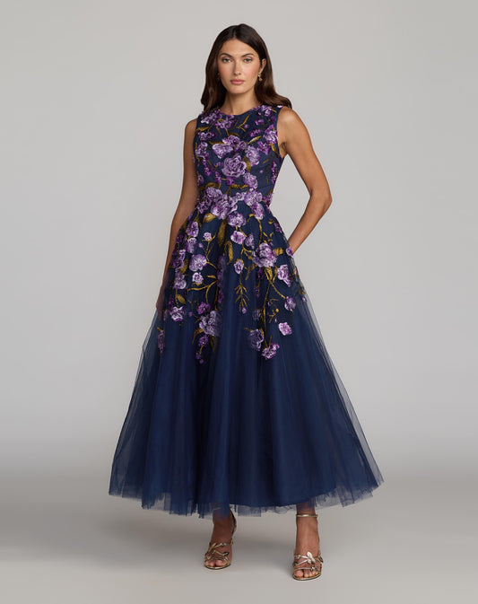 Mac Duggal Navy Embroidered Sleeveless A-Line Midi Dress
