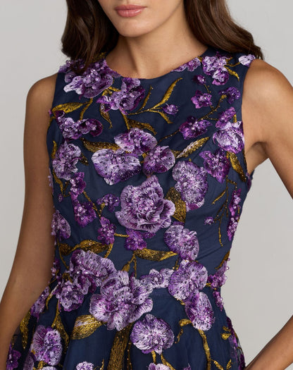 Mac Duggal Navy Embroidered Sleeveless A-Line Midi Dress