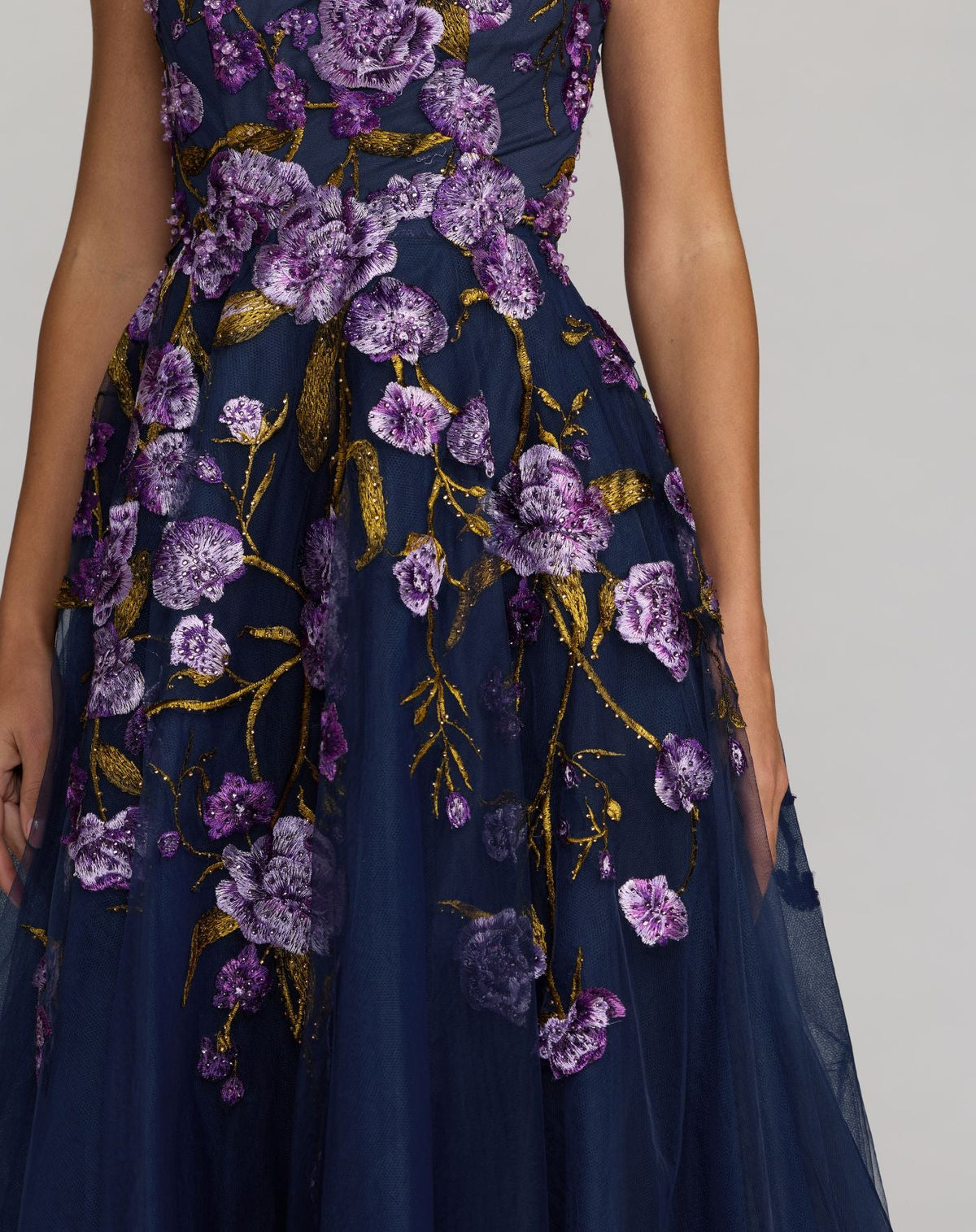 Mac Duggal Navy Embroidered Sleeveless A-Line Midi Dress