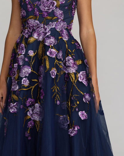 Mac Duggal Navy Embroidered Sleeveless A-Line Midi Dress