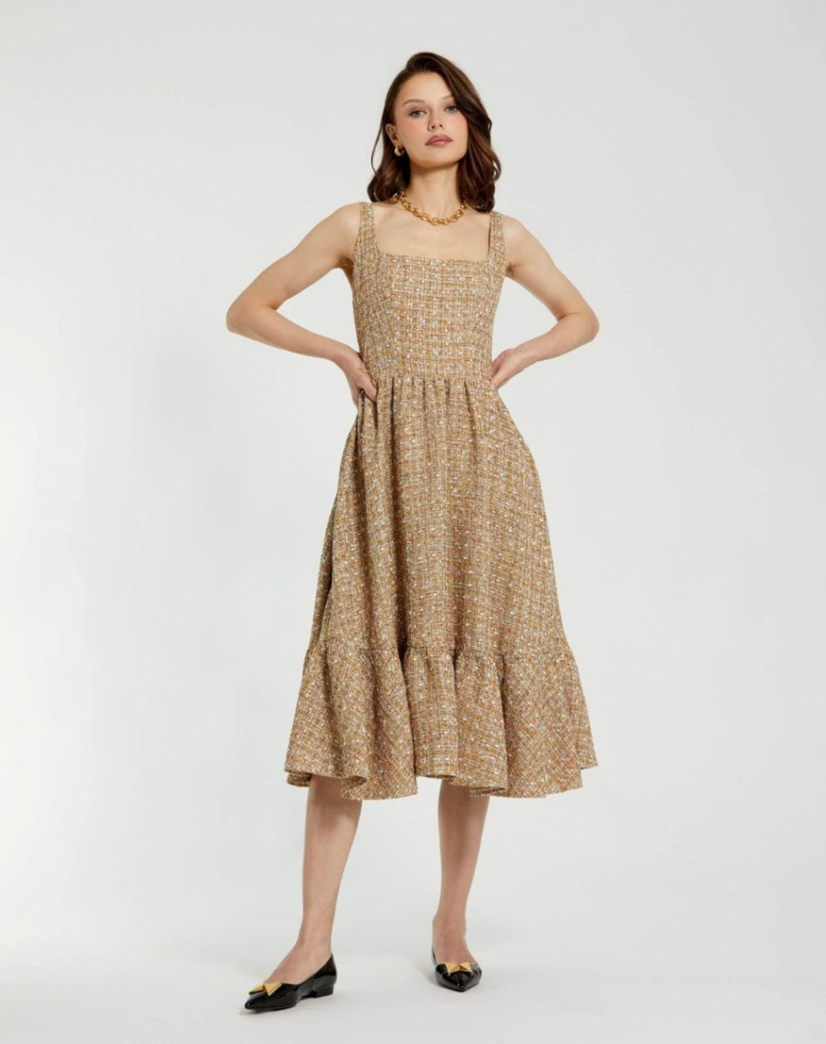 Mac Duggal Beige Boucle Sleeveless A-Line Midi Dress