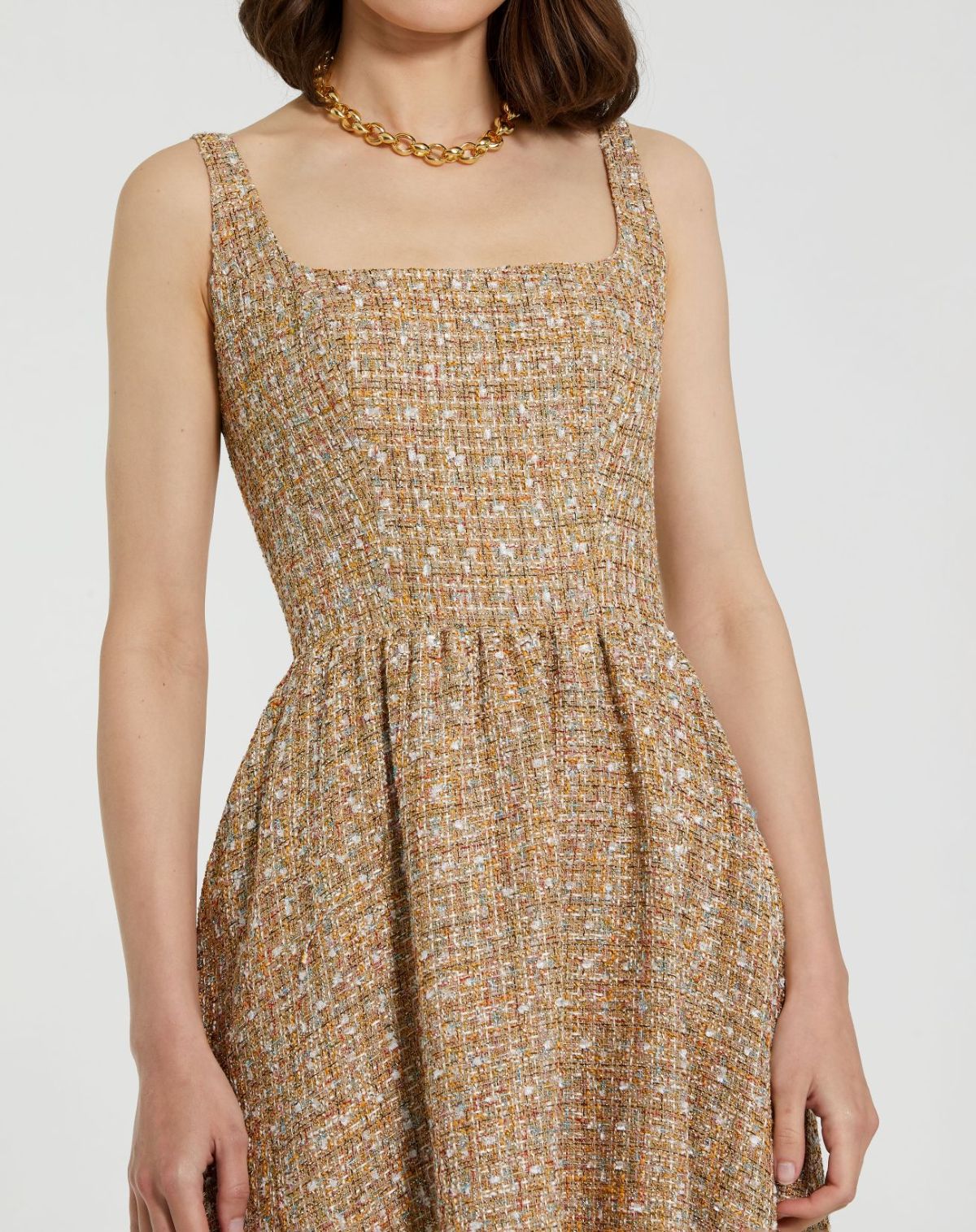 Mac Duggal Beige Boucle Sleeveless A-Line Midi Dress