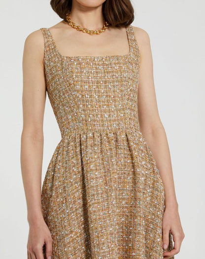 Mac Duggal Beige Boucle Sleeveless A-Line Midi Dress