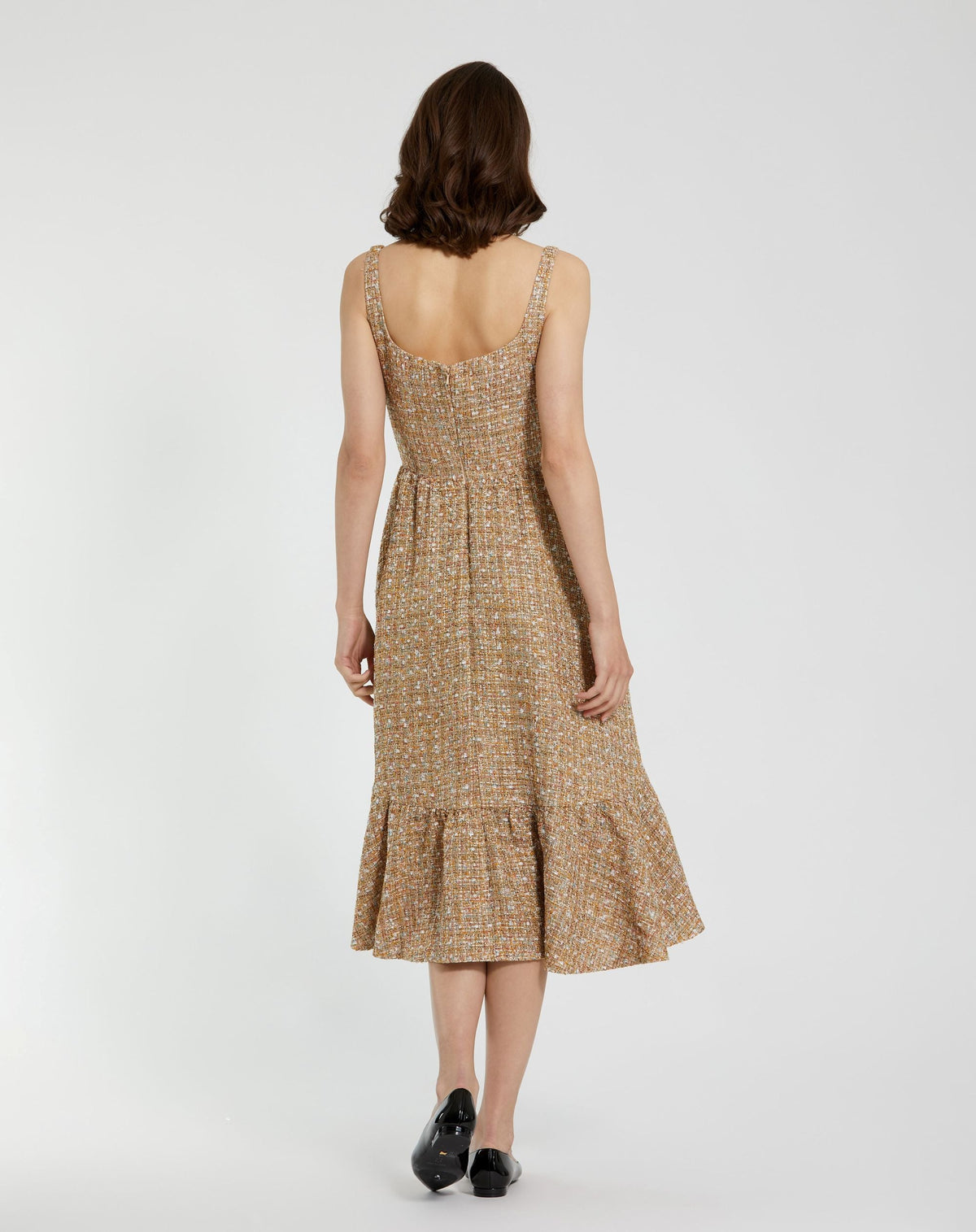Mac Duggal Beige Boucle Sleeveless A-Line Midi Dress