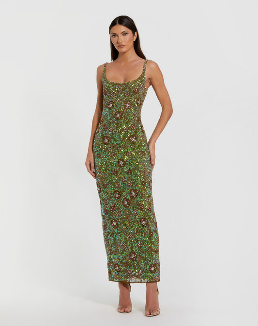 Mac Duggal Petite Green Sleeveless Hand Embellished Floral Maxi Dress