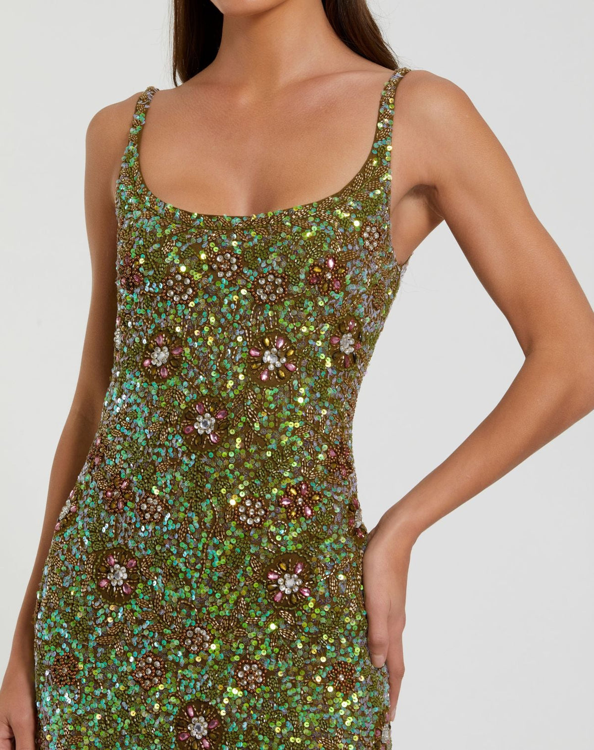 Mac Duggal Petite Green Sleeveless Hand Embellished Floral Maxi Dress