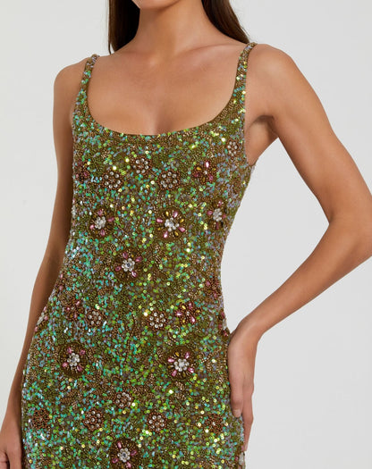 Mac Duggal Petite Green Sleeveless Hand Embellished Floral Maxi Dress