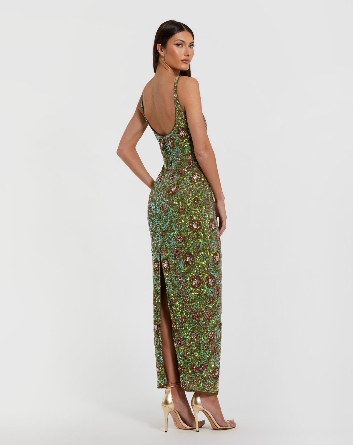 Mac Duggal Petite Green Sleeveless Hand Embellished Floral Maxi Dress