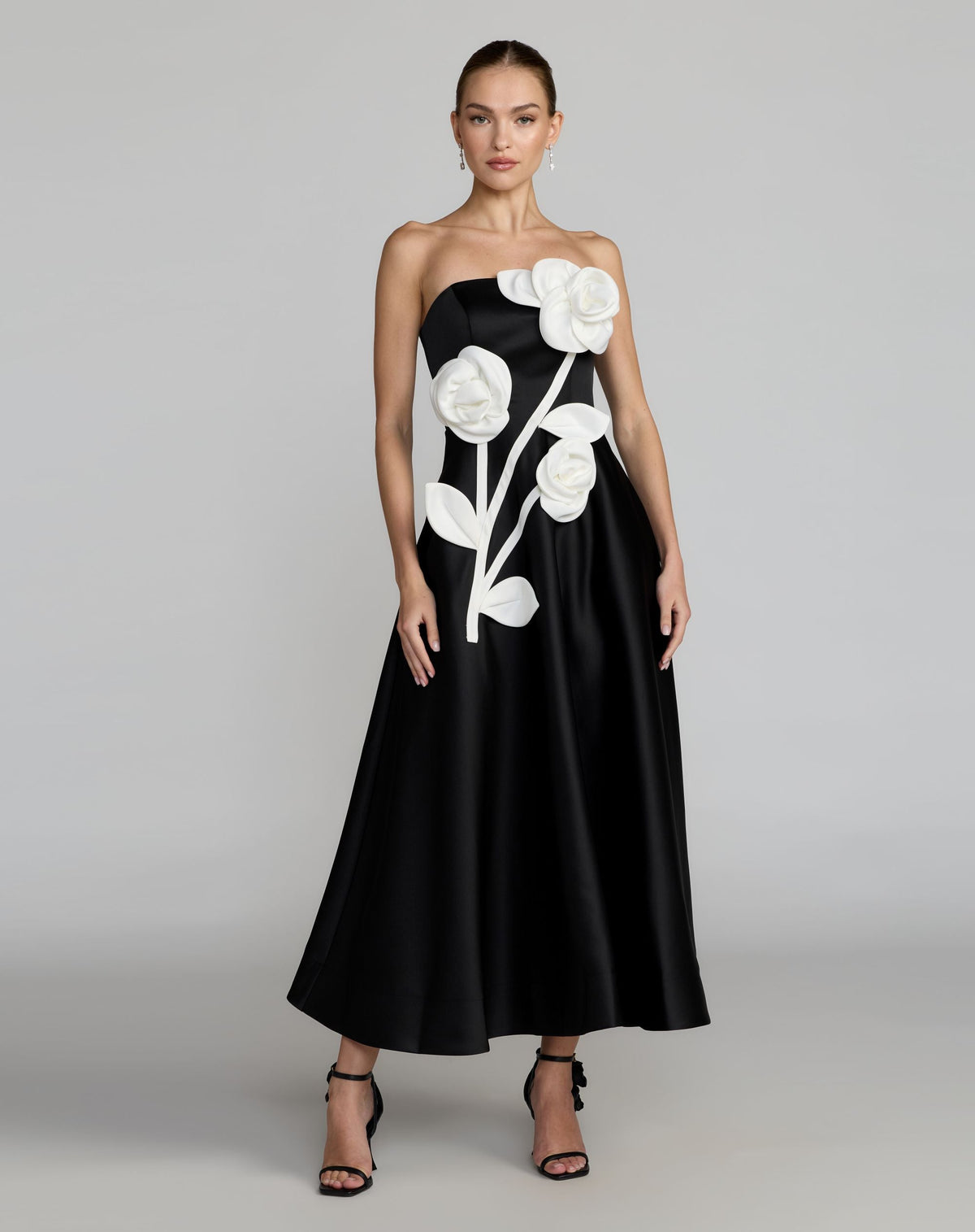 Mac Duggal Black Strapless Satin A-Line Dress With 3D Flowers
