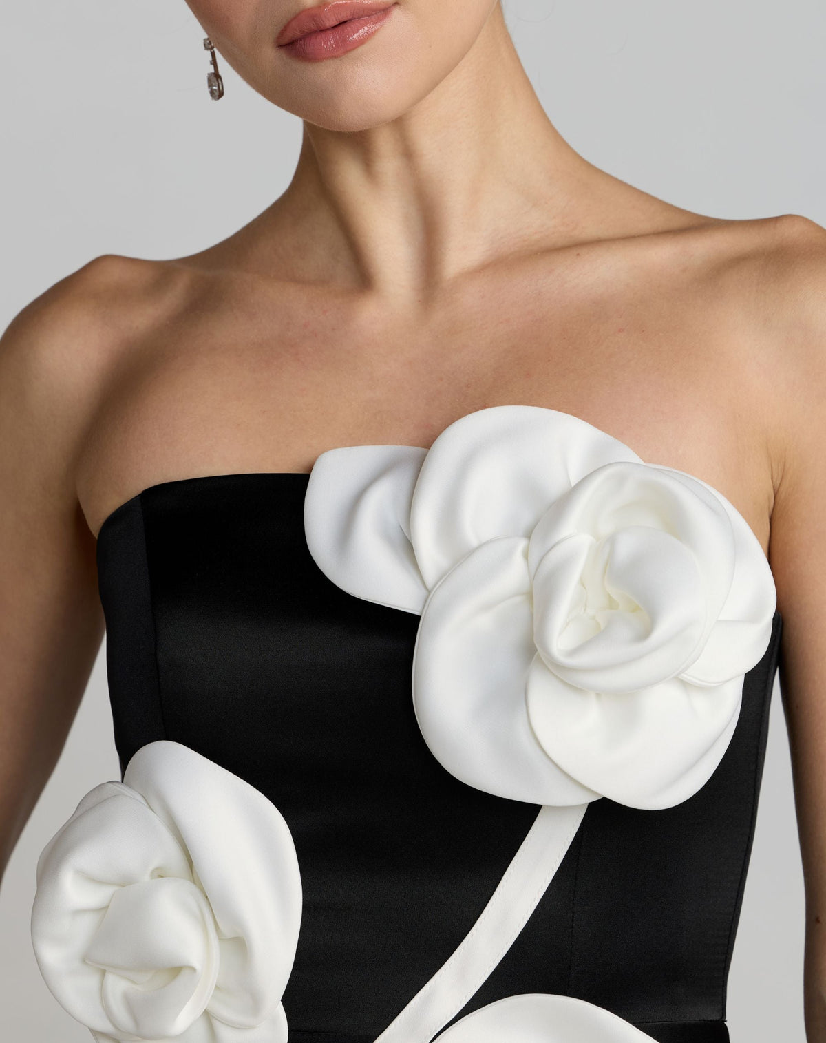Mac Duggal Black Strapless Satin A-Line Dress With 3D Flowers