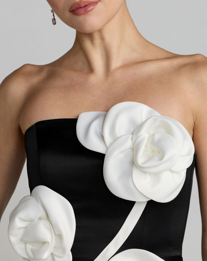Mac Duggal Black Strapless Satin A-Line Dress With 3D Flowers