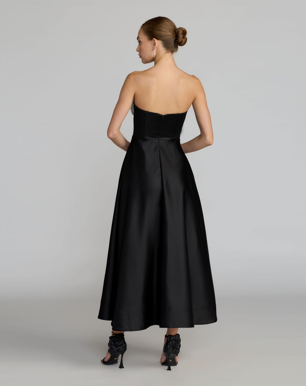 Mac Duggal Black Strapless Satin A-Line Dress With 3D Flowers