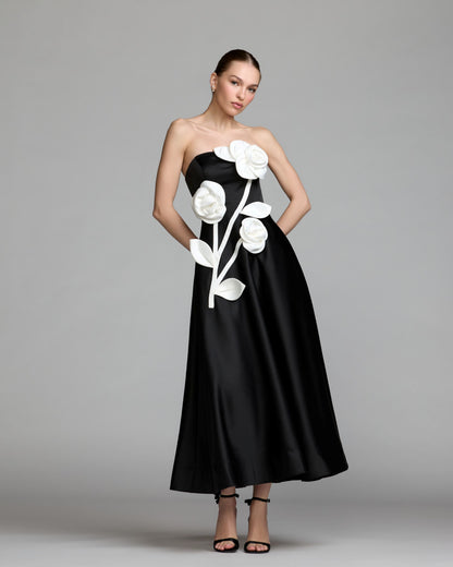Mac Duggal Black Strapless Satin A-Line Dress With 3D Flowers