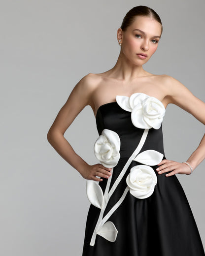 Mac Duggal Black Strapless Satin A-Line Dress With 3D Flowers