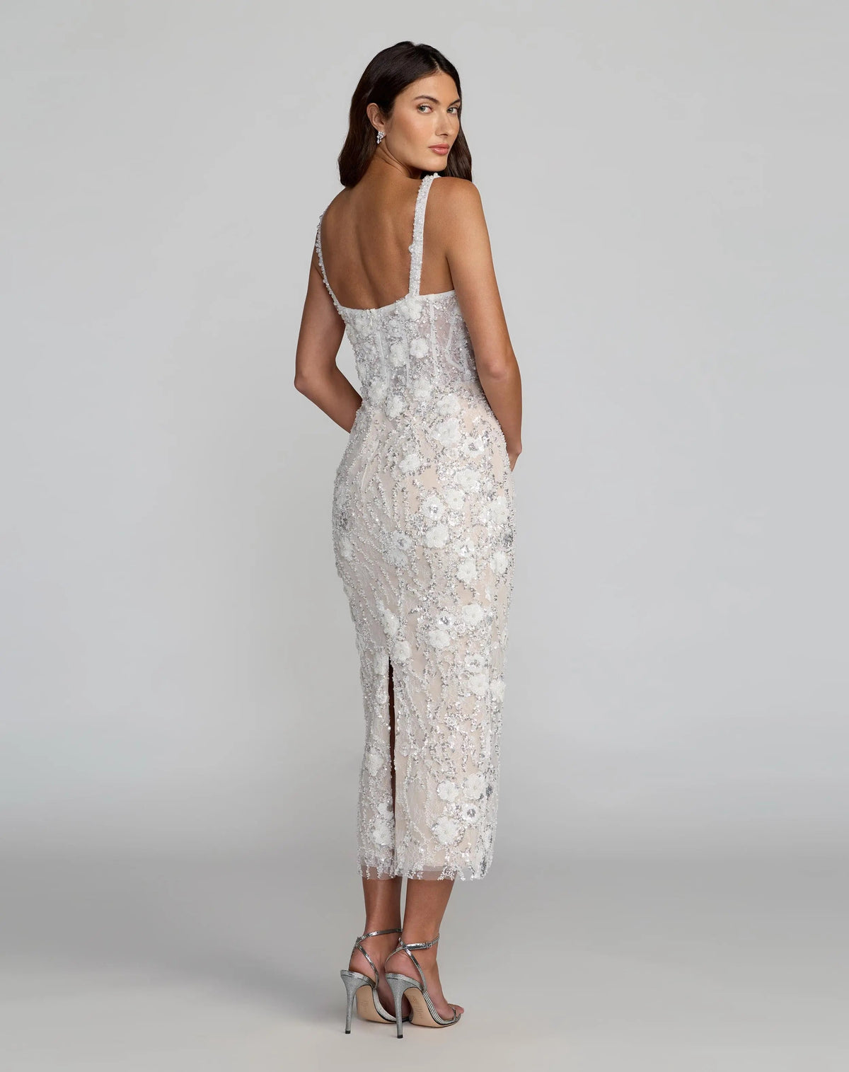 Mac Duggal Ivory Embellished Lace Sleeveless Midi Dress