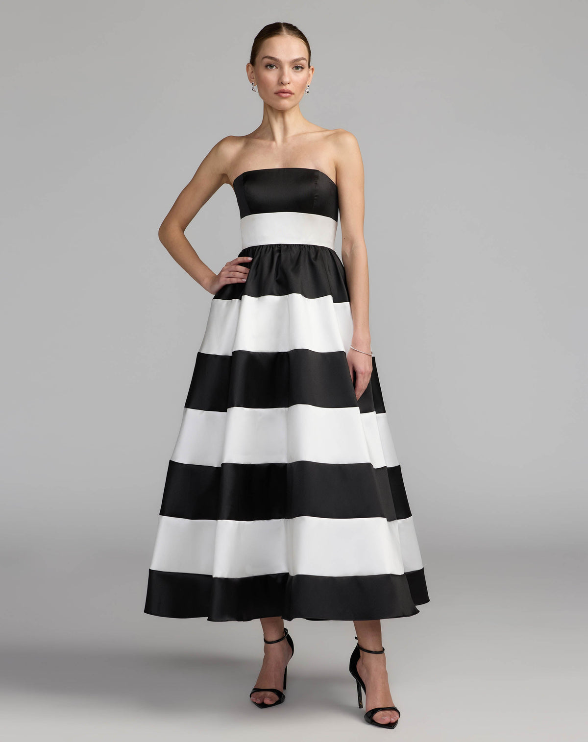 Mac Duggal Black and White Striped Strapless Mikado Midi Dress