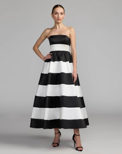 Mac Duggal Black and White Striped Strapless Mikado Midi Dress