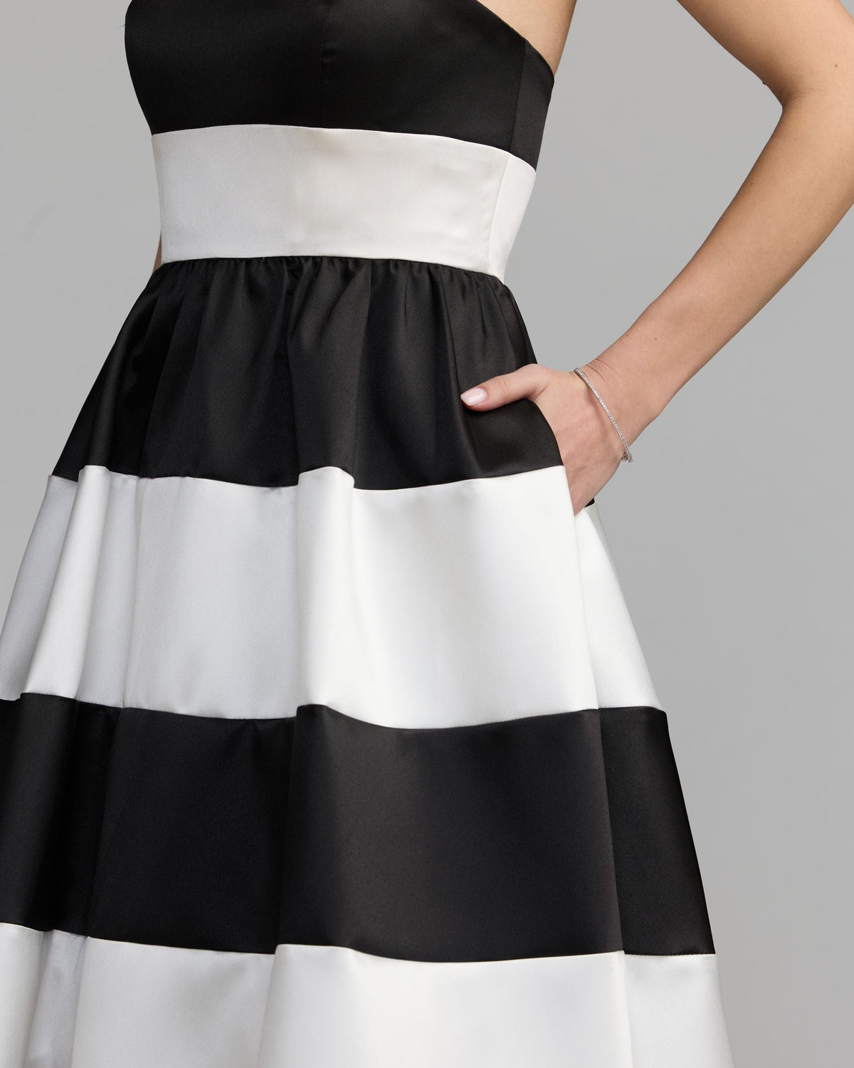 Mac Duggal Black and White Striped Strapless Mikado Midi Dress