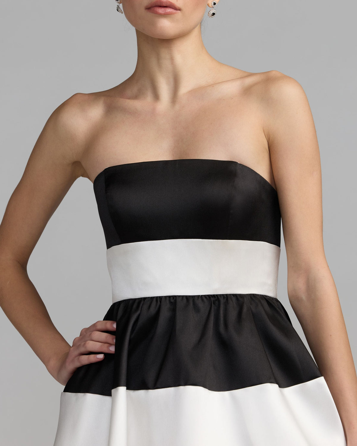 Mac Duggal Black and White Striped Strapless Mikado Midi Dress