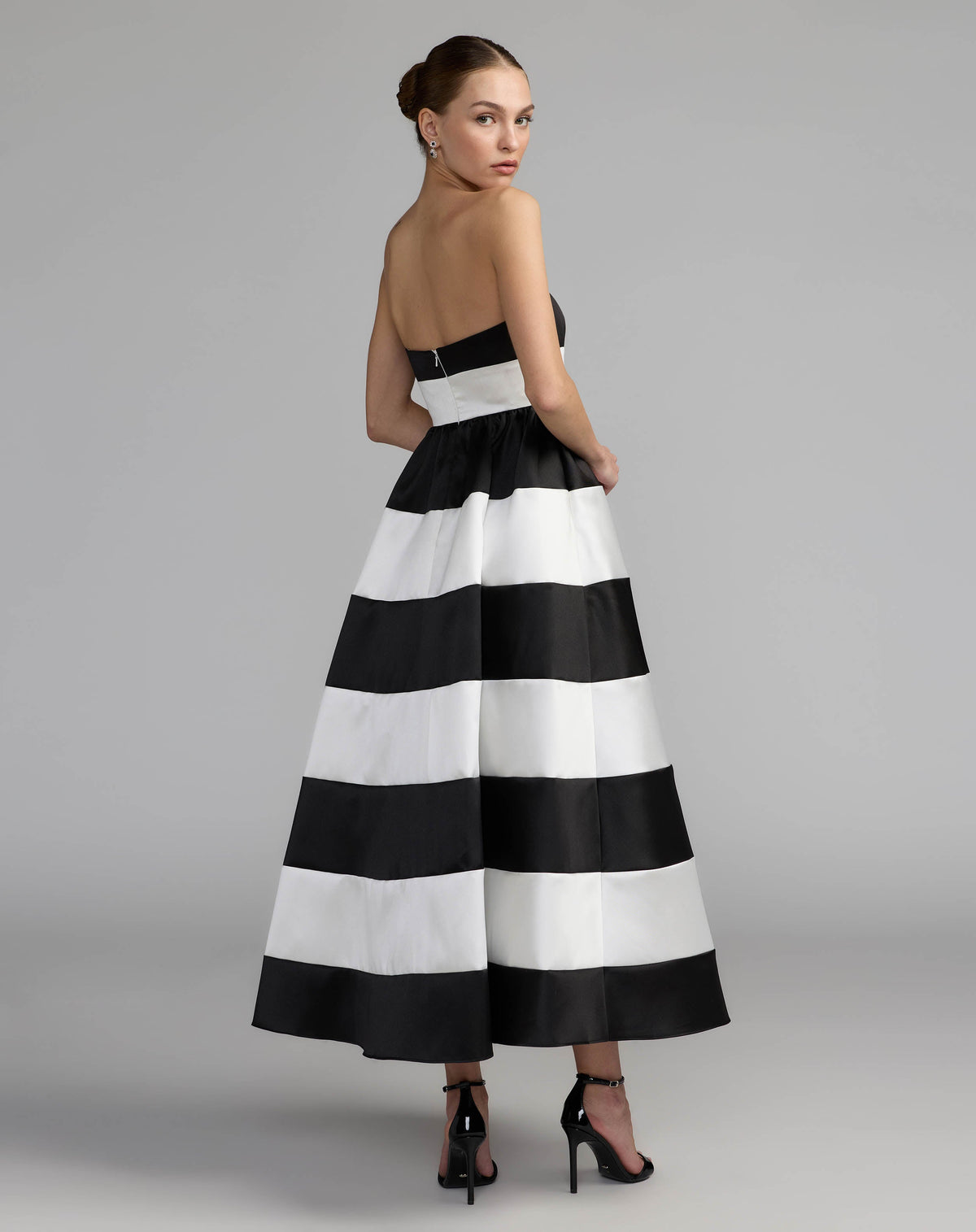 Mac Duggal Black and White Striped Strapless Mikado Midi Dress