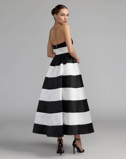 Mac Duggal Black and White Striped Strapless Mikado Midi Dress