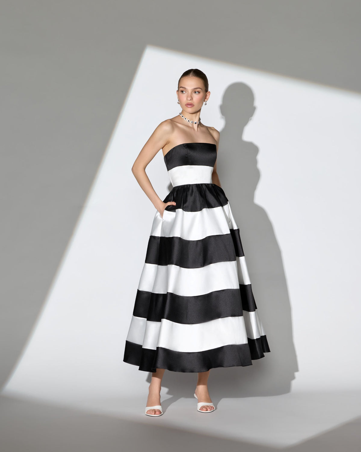 Mac Duggal Black and White Striped Strapless Mikado Midi Dress