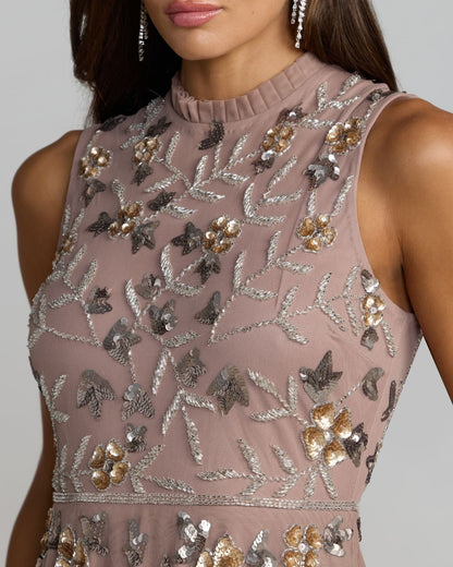 Mac Duggal Petite Beige Embellished High Neck Sleeveless Midi Dress