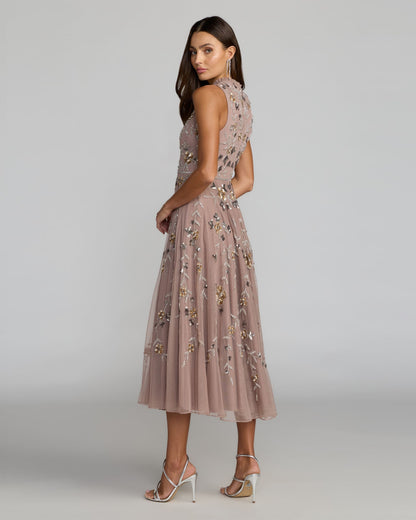 Mac Duggal Petite Beige Embellished High Neck Sleeveless Midi Dress